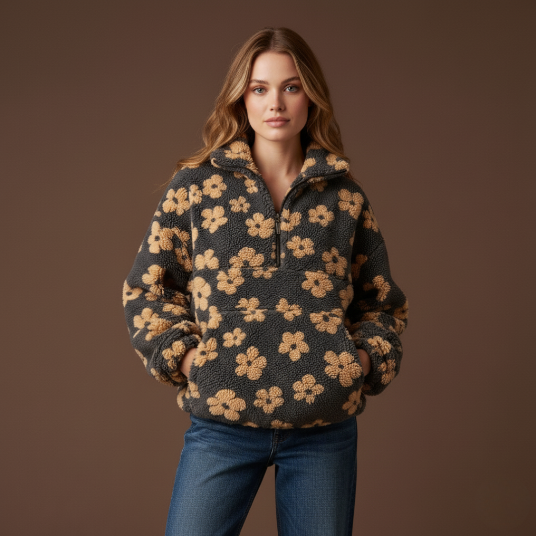 Clara | Chaqueta de Forro Polar con Media Cremallera y Estampado Floral