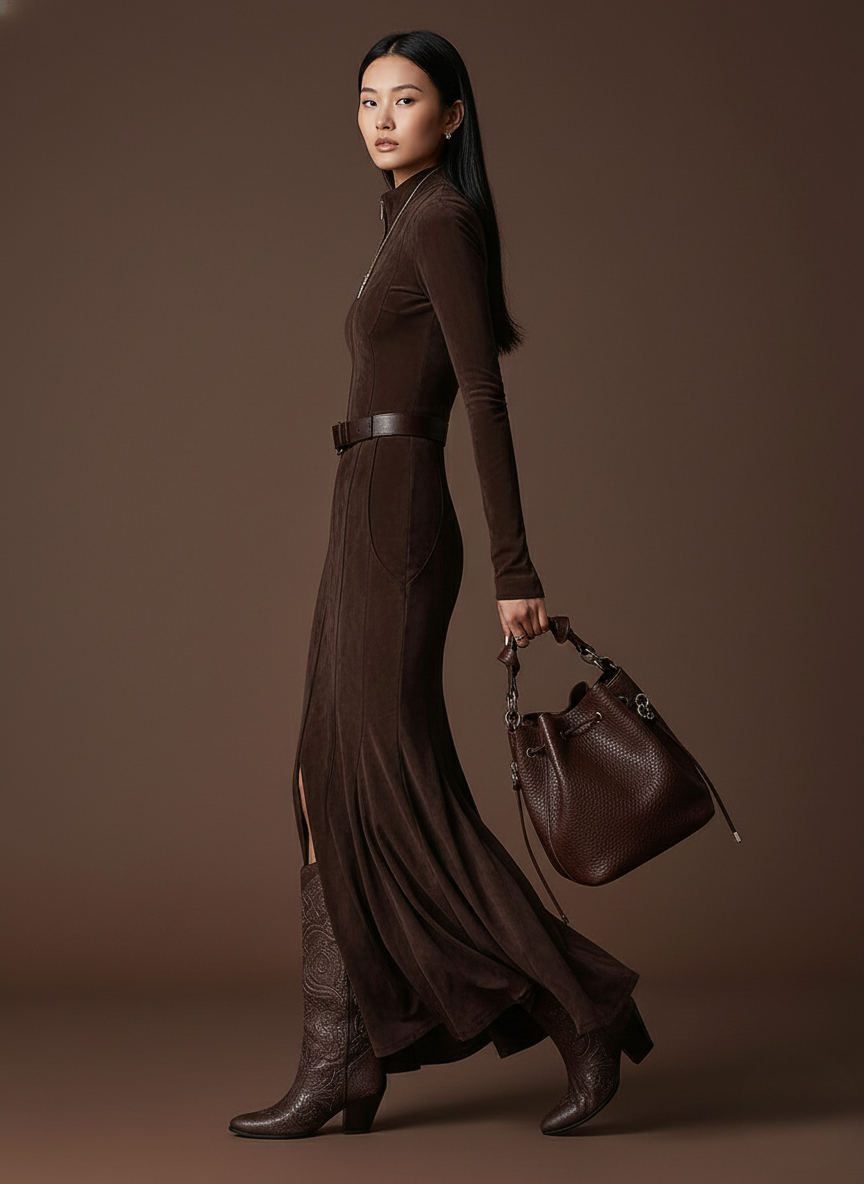 Maribel | Vestido Largo Vintage de Gamuza