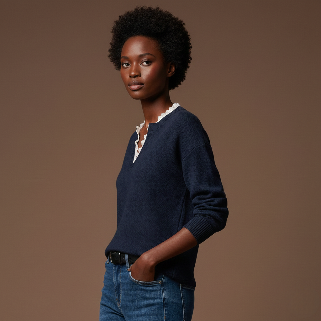 Elina | Suéter con Escote en V y Detalle de Encaje