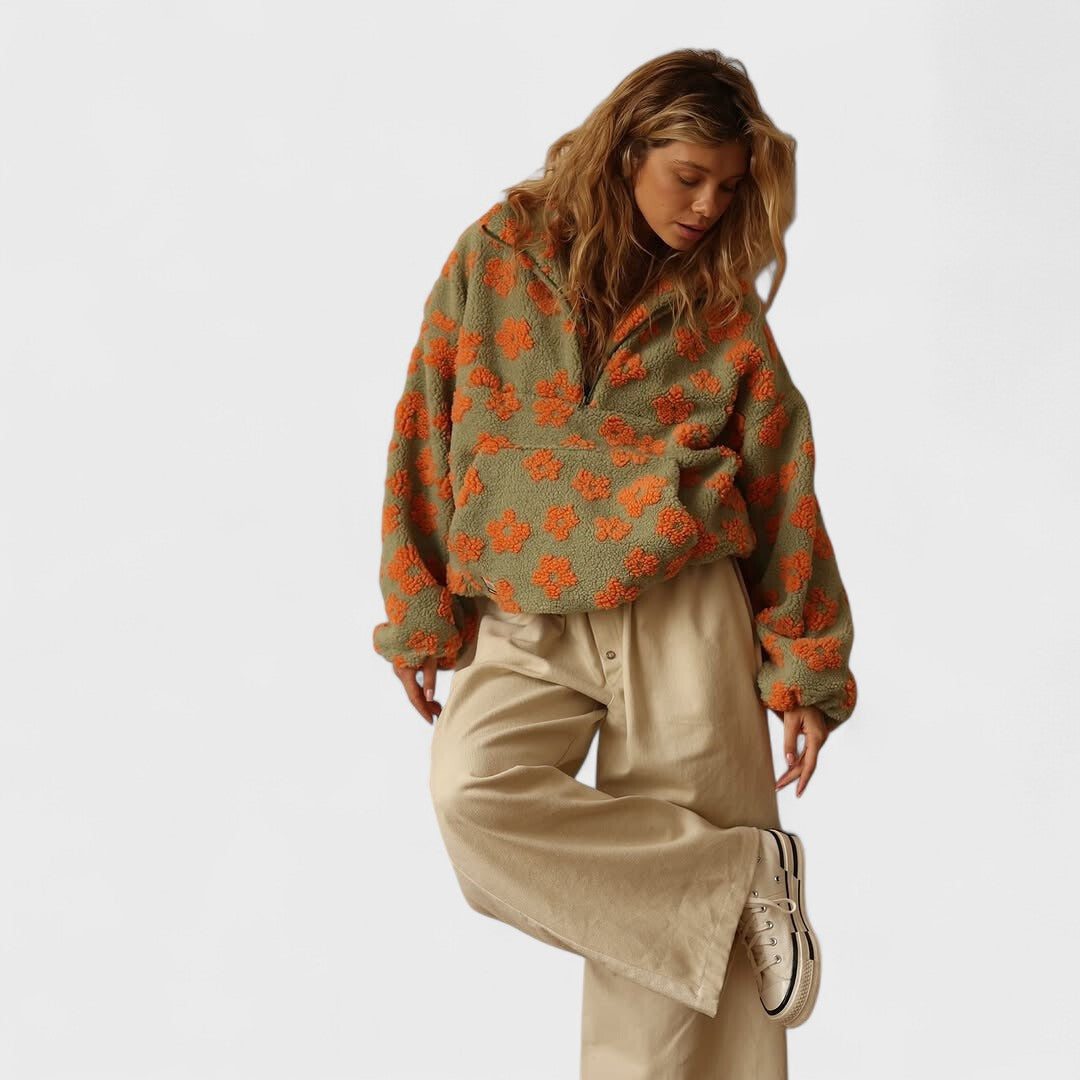 Clara | Chaqueta de Forro Polar con Media Cremallera y Estampado Floral
